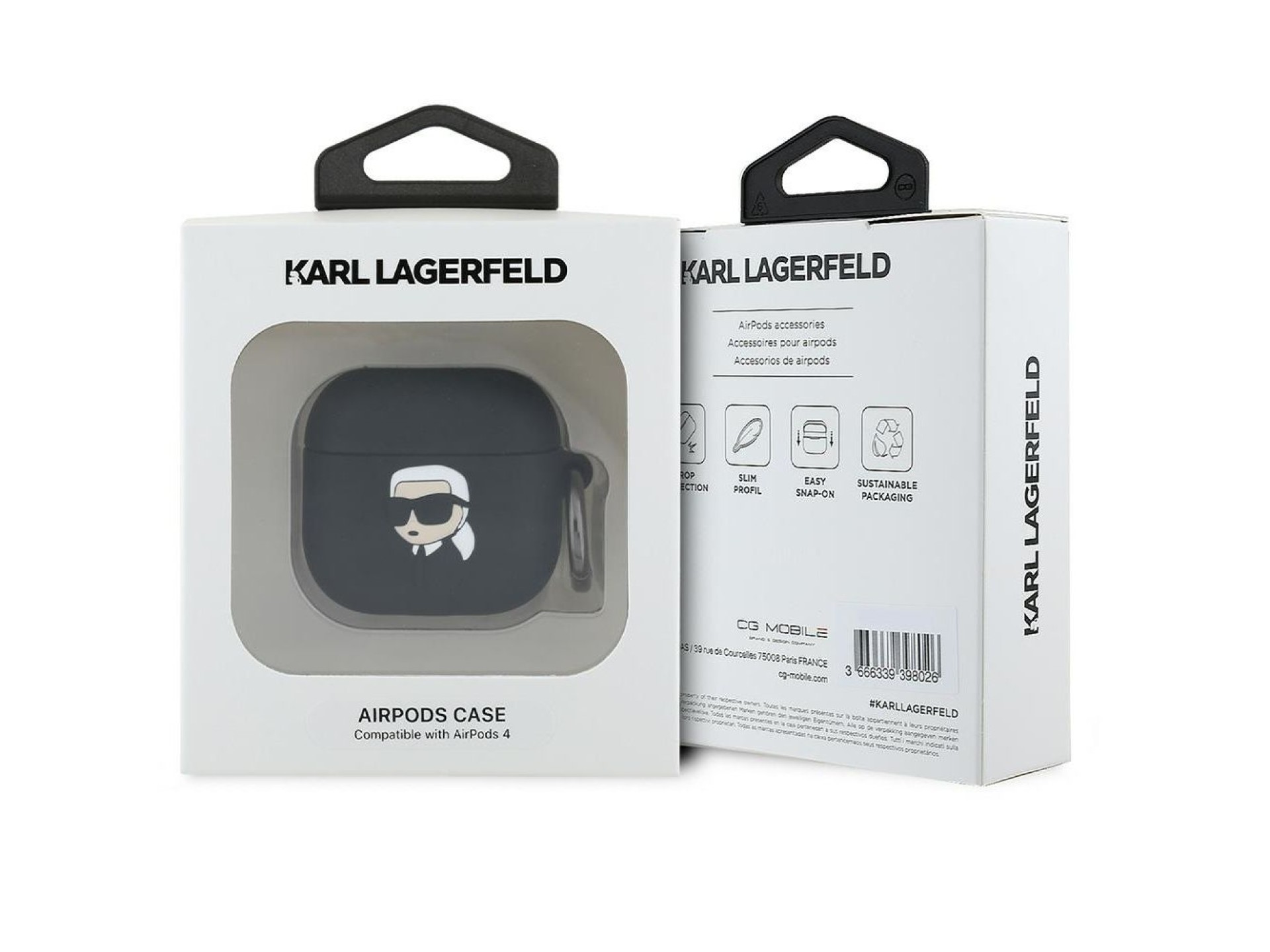 Capa 3D de silicone com a cabeça de Karl Lagerfeld para AirPods 4 - Preta