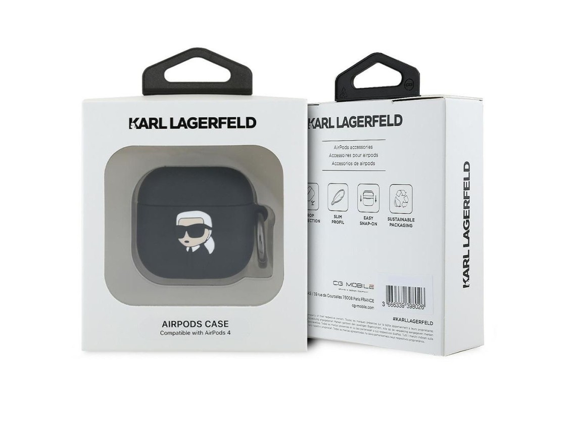 Capa 3D de silicone com a cabeça de Karl Lagerfeld para AirPods 4 - Preta