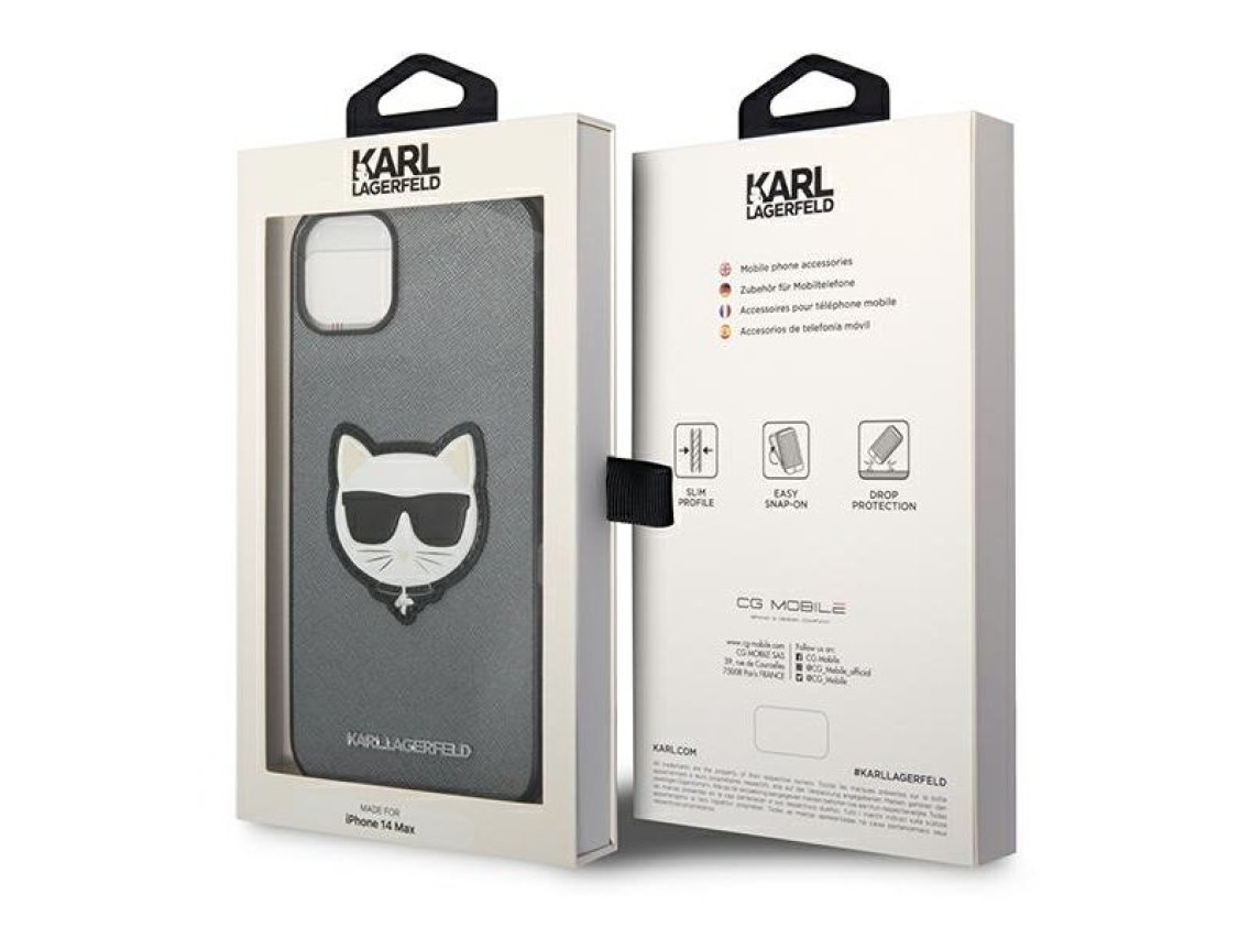 Capa Karl Lagerfeld Saffiano Choupette Head Patch para iPhone 14 Plus - prata