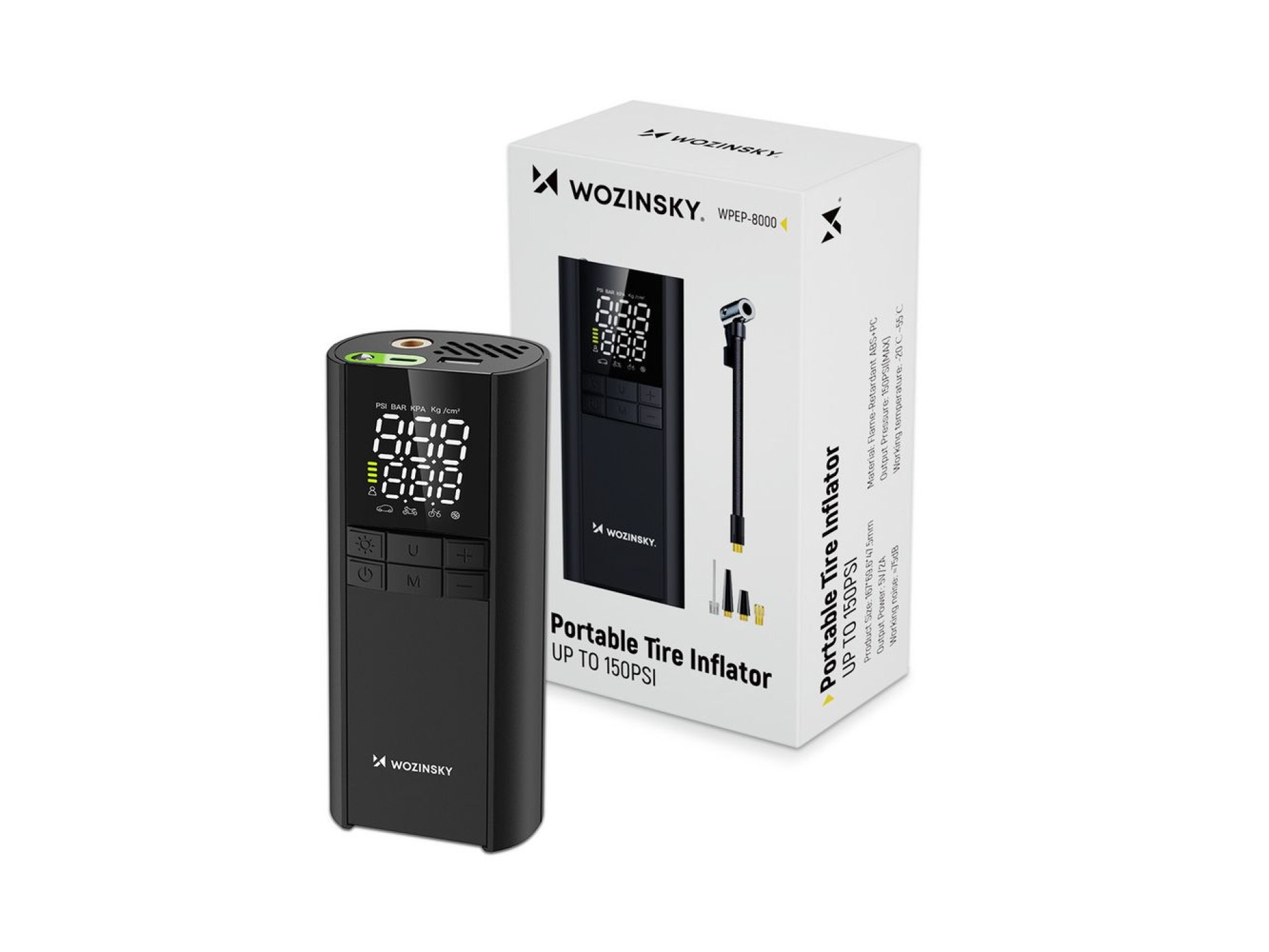 Compressor Wozinsky WPEP-8000, bomba elétrica, bateria externa de 8000mAh, lanterna - preto