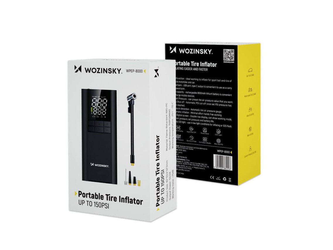 Compressor Wozinsky WPEP-8000, bomba el�trica, bateria externa de 8000mAh, lanterna - preto
