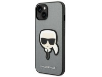 Capa Karl Lagerfeld Saffiano com patch da cabeça de Karl para iPhone 14 - prateada Capa Karl Lagerfeld Saffiano com patch da cabeça de Karl para iPhone 14 - prateada