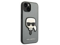 Capa Karl Lagerfeld Saffiano com patch da cabeça de Karl para iPhone 14 - prateada Capa Karl Lagerfeld Saffiano com patch da cabeça de Karl para iPhone 14 - prateada