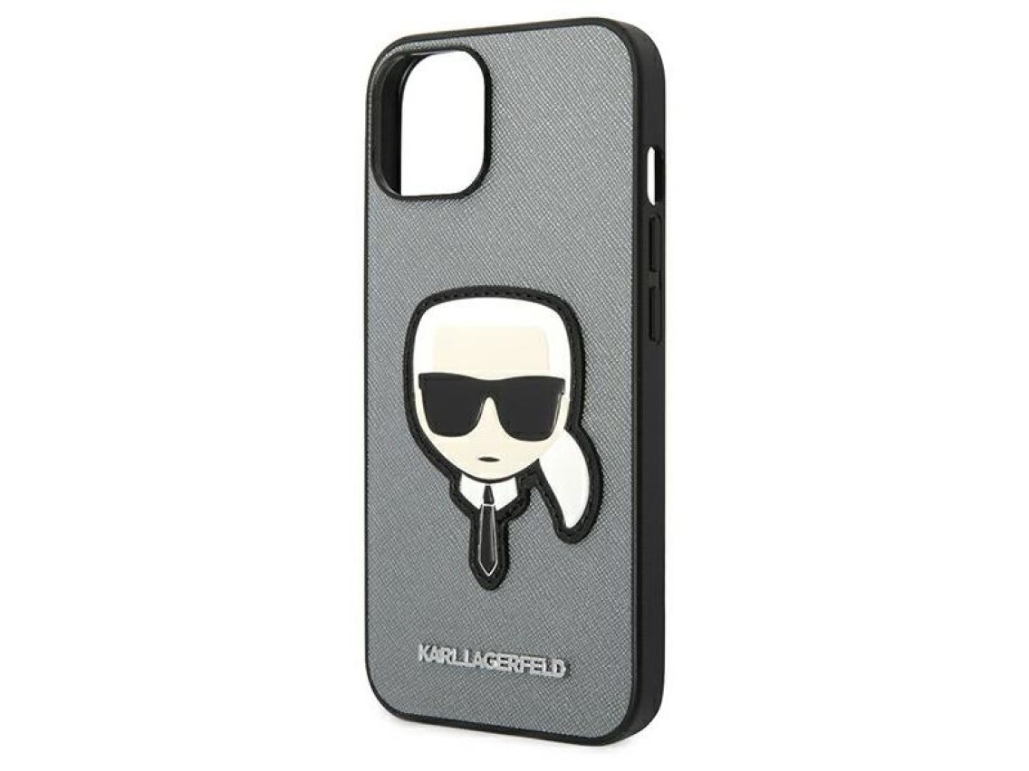 Capa Karl Lagerfeld Saffiano com patch da cabeça de Karl para iPhone 14 - prateada