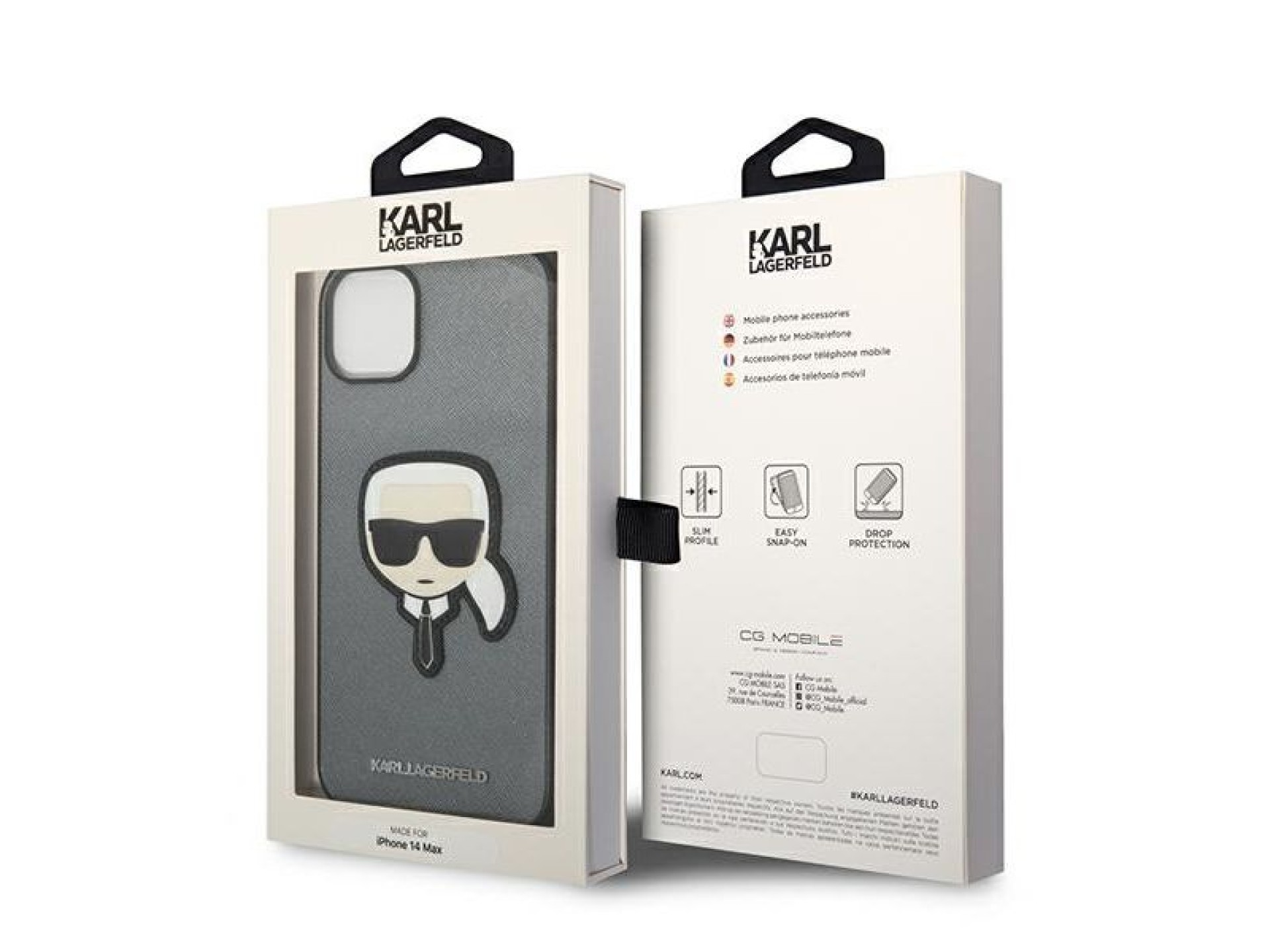 Capa Karl Lagerfeld Saffiano com patch da cabeça de Karl para iPhone 14 - prateada