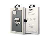 Capa Karl Lagerfeld Saffiano com patch da cabeça de Karl para iPhone 14 - prateada Capa Karl Lagerfeld Saffiano com patch da cabeça de Karl para iPhone 14 - prateada