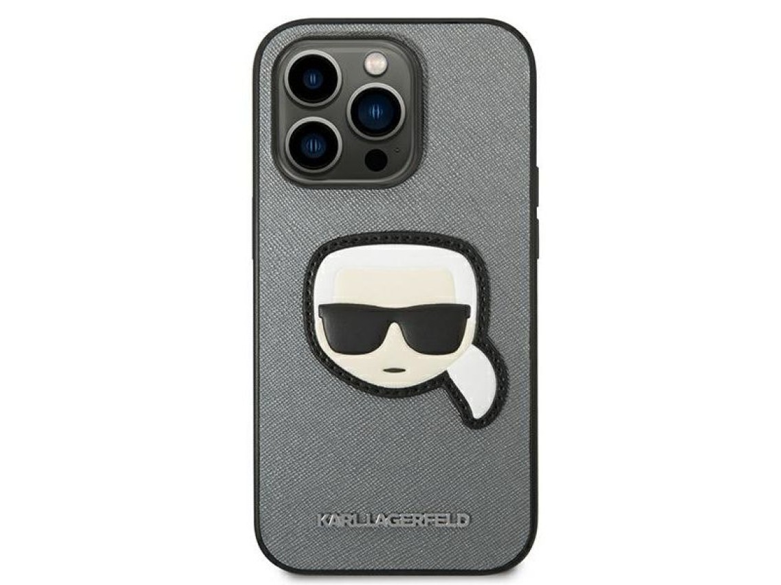 Capa Karl Lagerfeld Saffiano com patch da cabeça de Karl para iPhone 14 Pro - Prateada