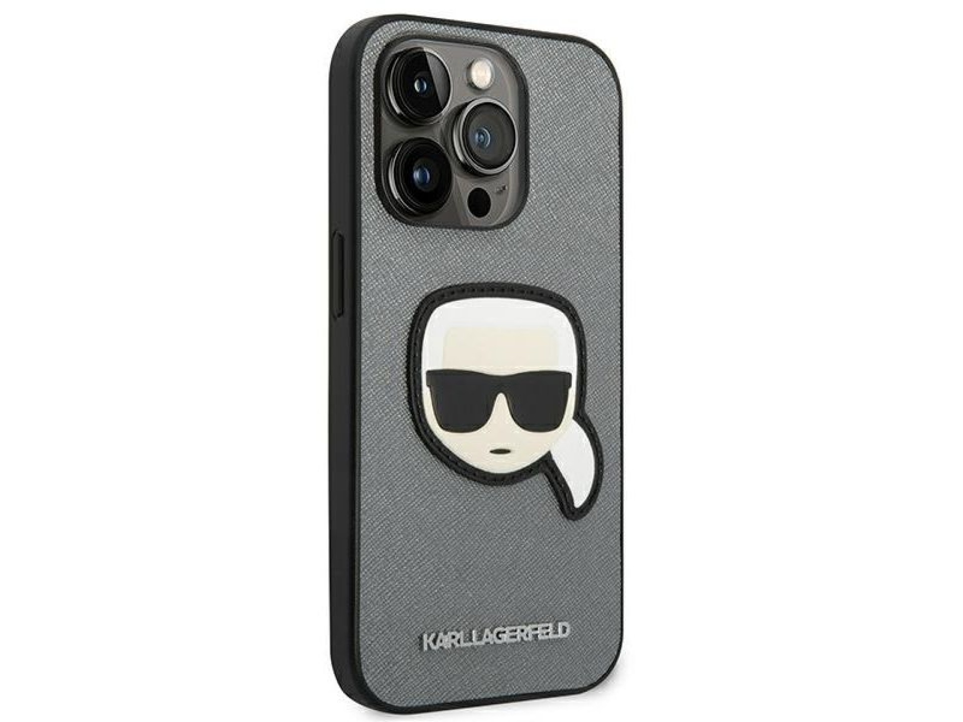 Capa Karl Lagerfeld Saffiano com patch da cabeça de Karl para iPhone 14 Pro - Prateada