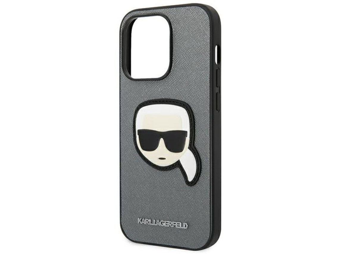 Capa Karl Lagerfeld Saffiano com patch da cabeça de Karl para iPhone 14 Pro - Prateada
