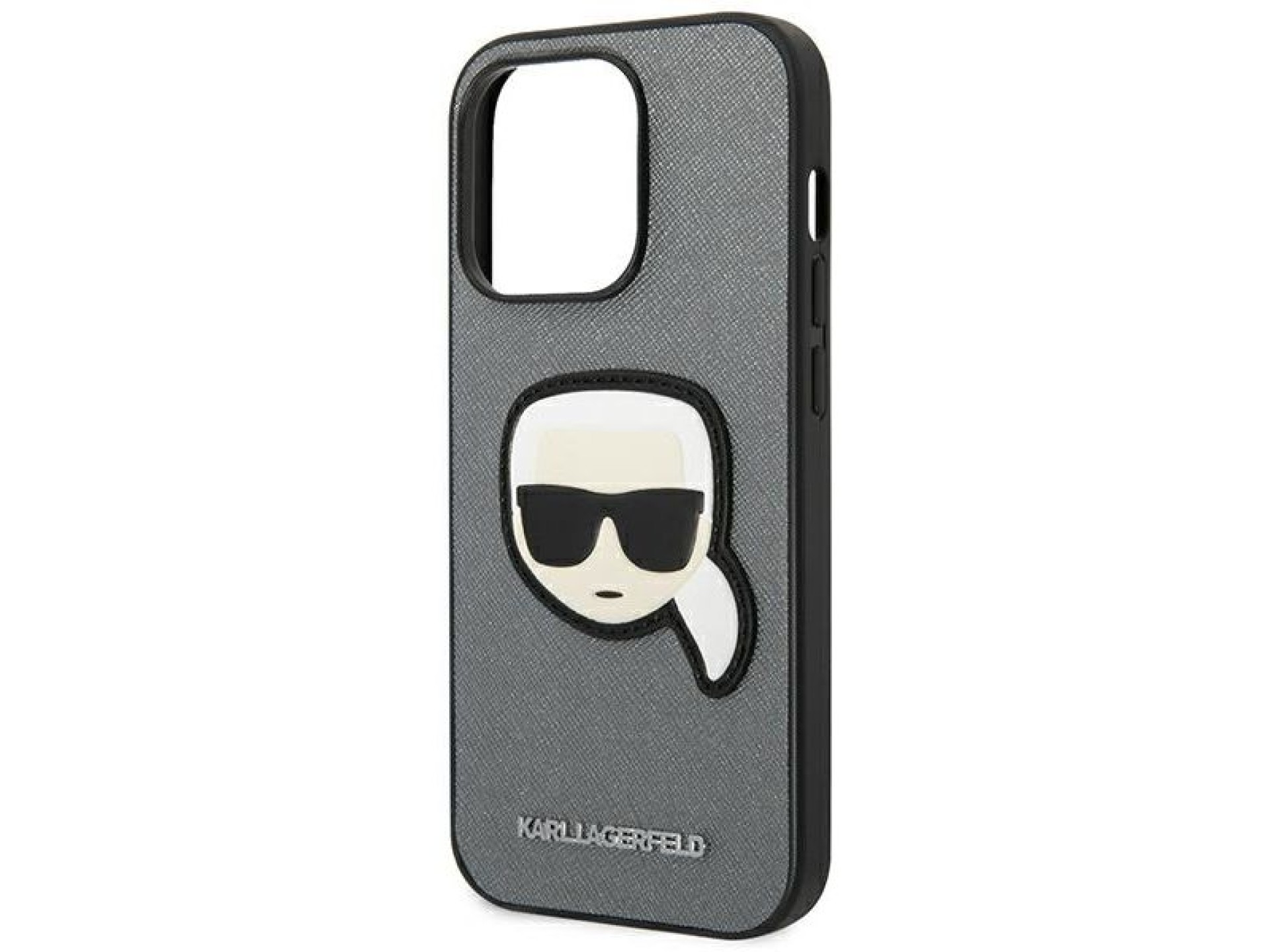 Capa Karl Lagerfeld Saffiano com patch da cabeça de Karl para iPhone 14 Pro - Prateada