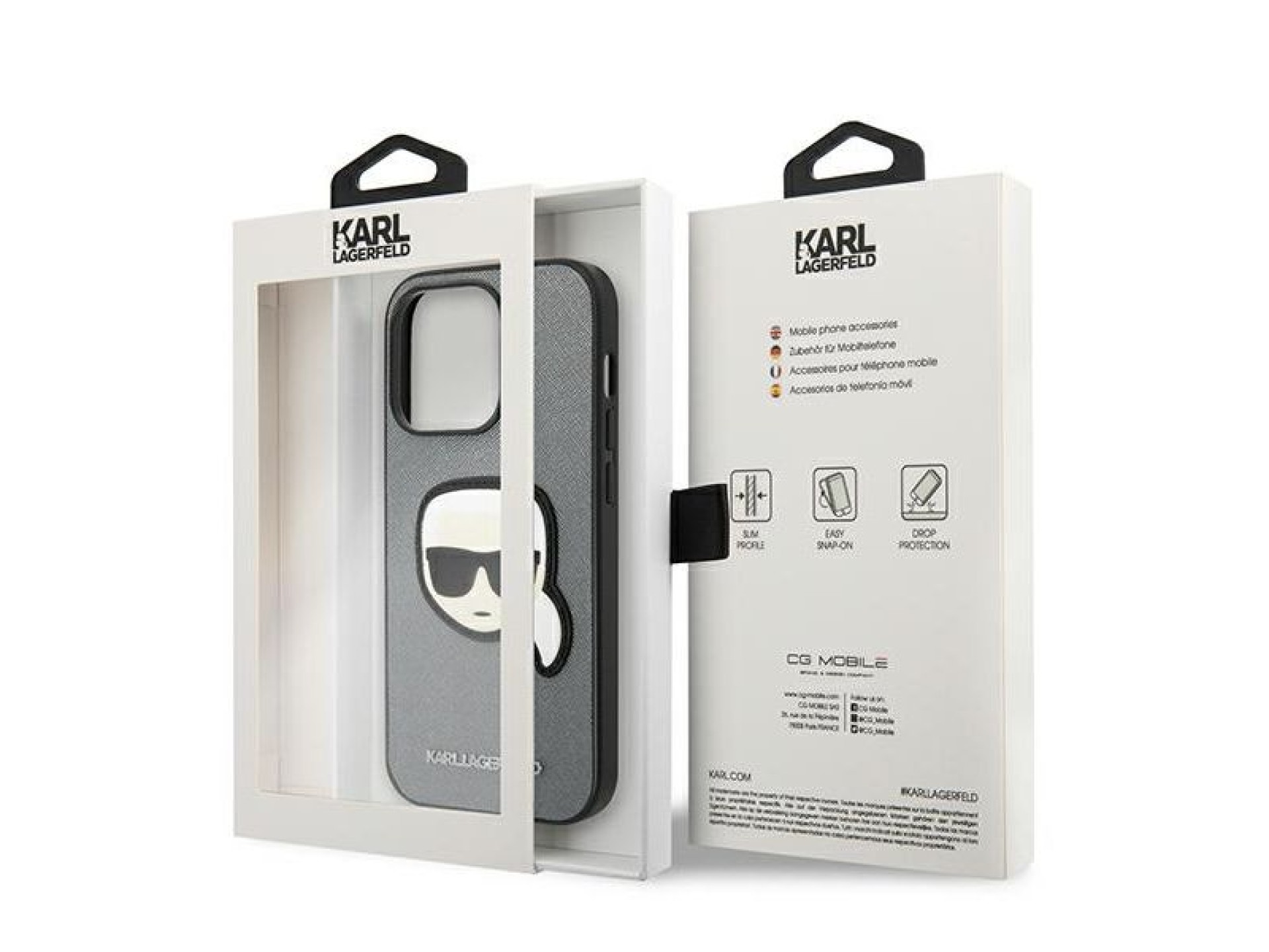 Capa Karl Lagerfeld Saffiano com patch da cabeça de Karl para iPhone 14 Pro - Prateada