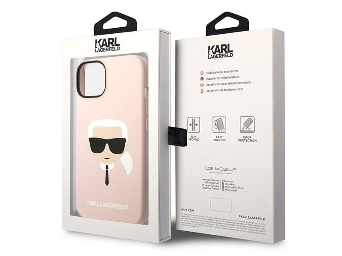 Capa rígida rosa Karl Lagerfeld KLHCP14MSLKHLP para iPhone 14 Plus 6.7" com silicone rosa e a cabeça