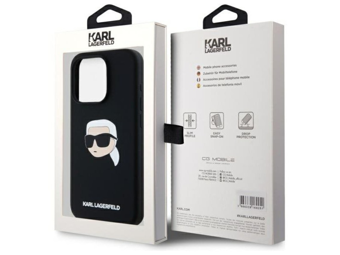Capa rígida de silicone com estampa da cabeça de Karl Lagerfeld KLHMP15LSKHPPLK para iPhone 15 Pro 6