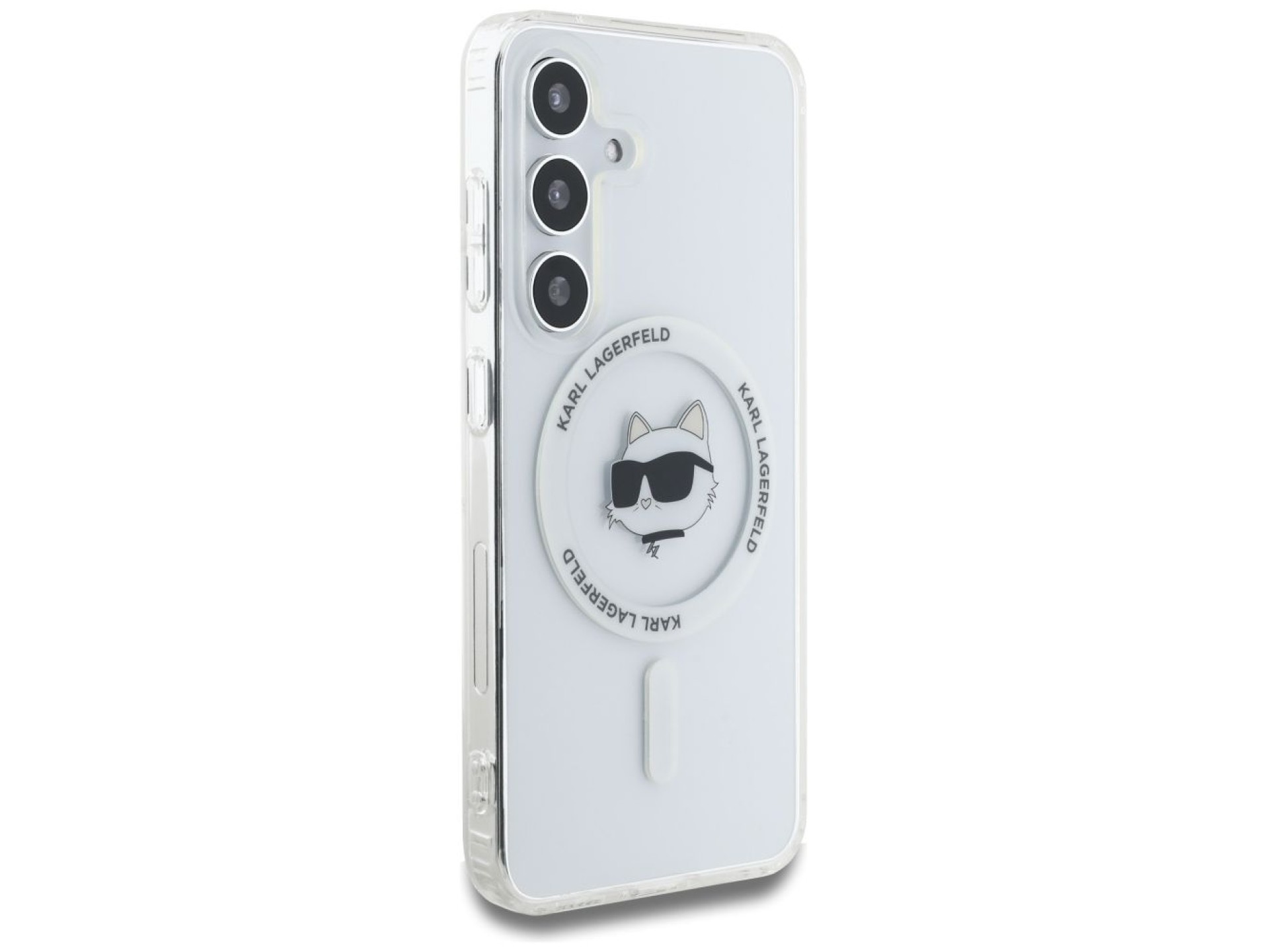 Funda Karl Lagerfeld Button Choupette Head con logo impreso MagSafe para Samsung Galaxy S25 blanca