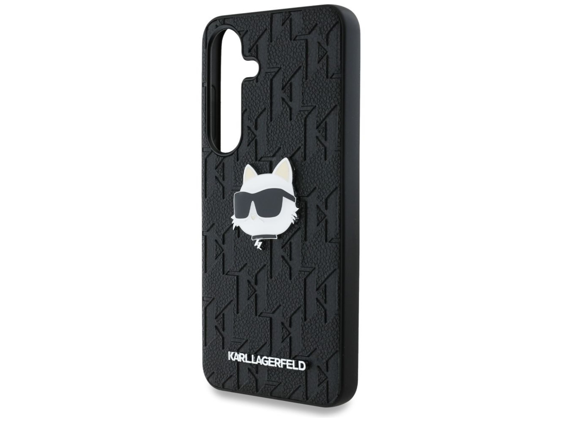 Capa para Samsung Galaxy S25 em couro com monograma Karl Lagerfeld e broche com o logo da Choupette