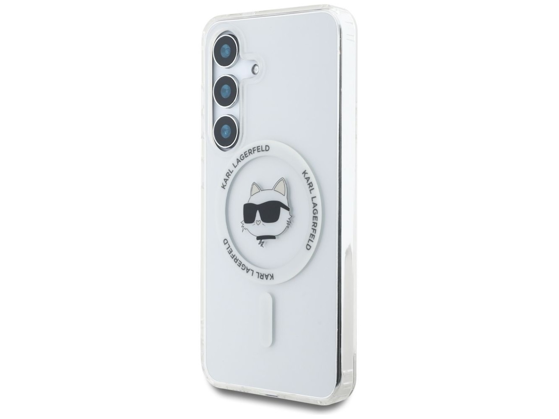 Funda Karl Lagerfeld Button Choupette Head con logo impreso MagSafe para Samsung Galaxy S25 blanca