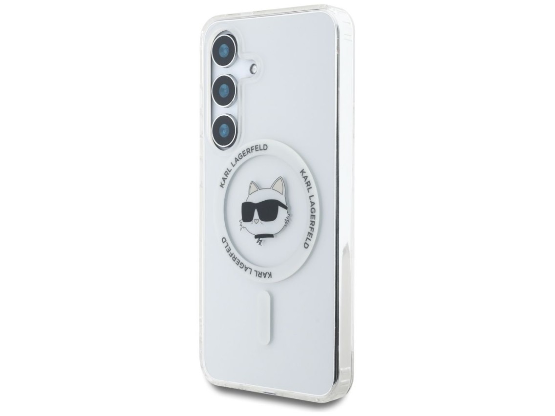 Funda Karl Lagerfeld Button Choupette Head con logo impreso MagSafe para Samsung Galaxy S25 blanca