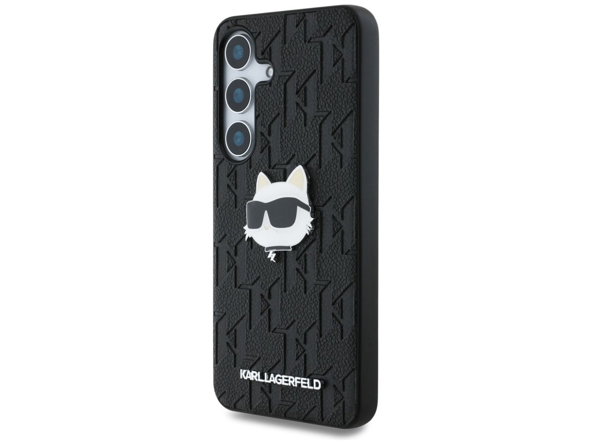 Capa para Samsung Galaxy S25 em couro com monograma Karl Lagerfeld e broche com o logo da Choupette