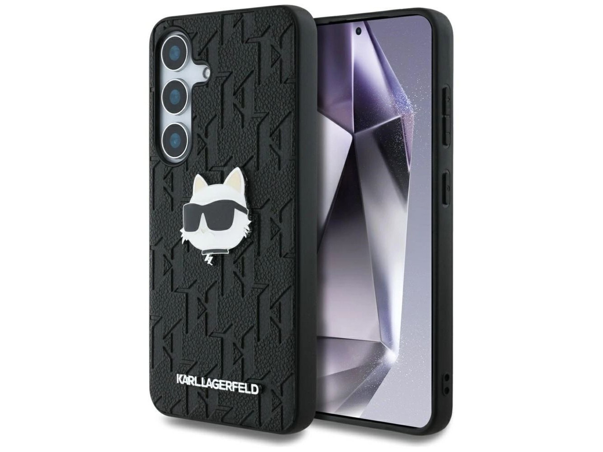 Capa para Samsung Galaxy S25 em couro com monograma Karl Lagerfeld e broche com o logo da Choupette