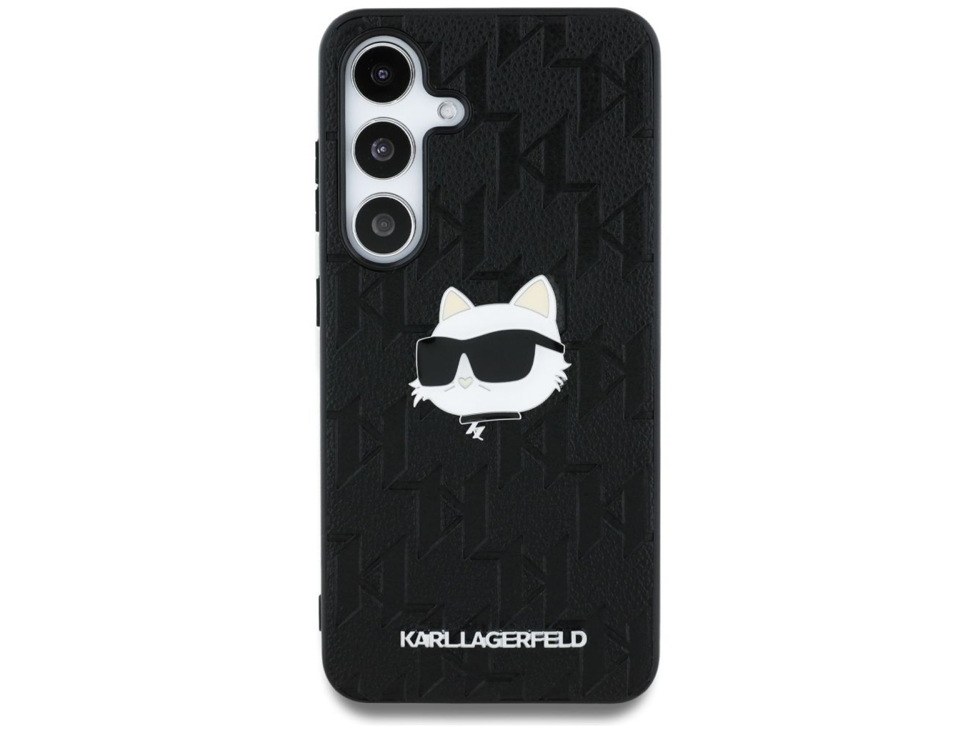 Capa para Samsung Galaxy S25 em couro com monograma Karl Lagerfeld e broche com o logo da Choupette