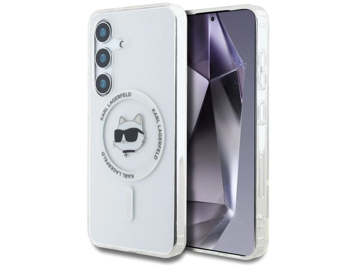 Funda Karl Lagerfeld Button Choupette Head con logo impreso MagSafe para Samsung Galaxy S25 blanca