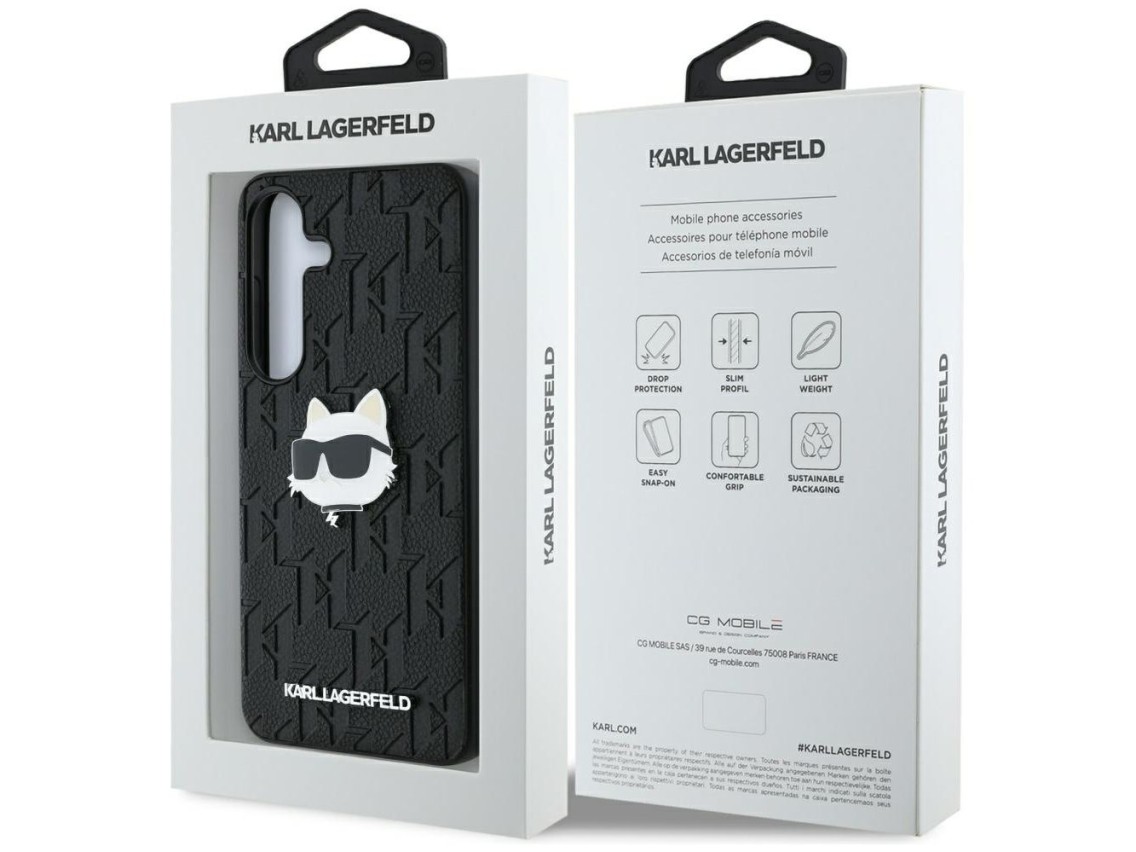 Capa para Samsung Galaxy S25 em couro com monograma Karl Lagerfeld e broche com o logo da Choupette