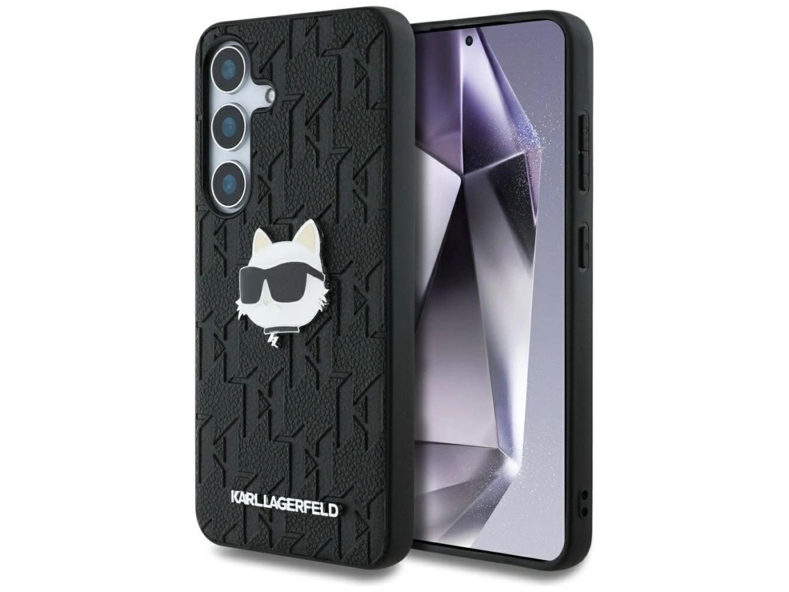 Capa para Samsung Galaxy S25 em couro com monograma Karl Lagerfeld e broche com o logo da Choupette