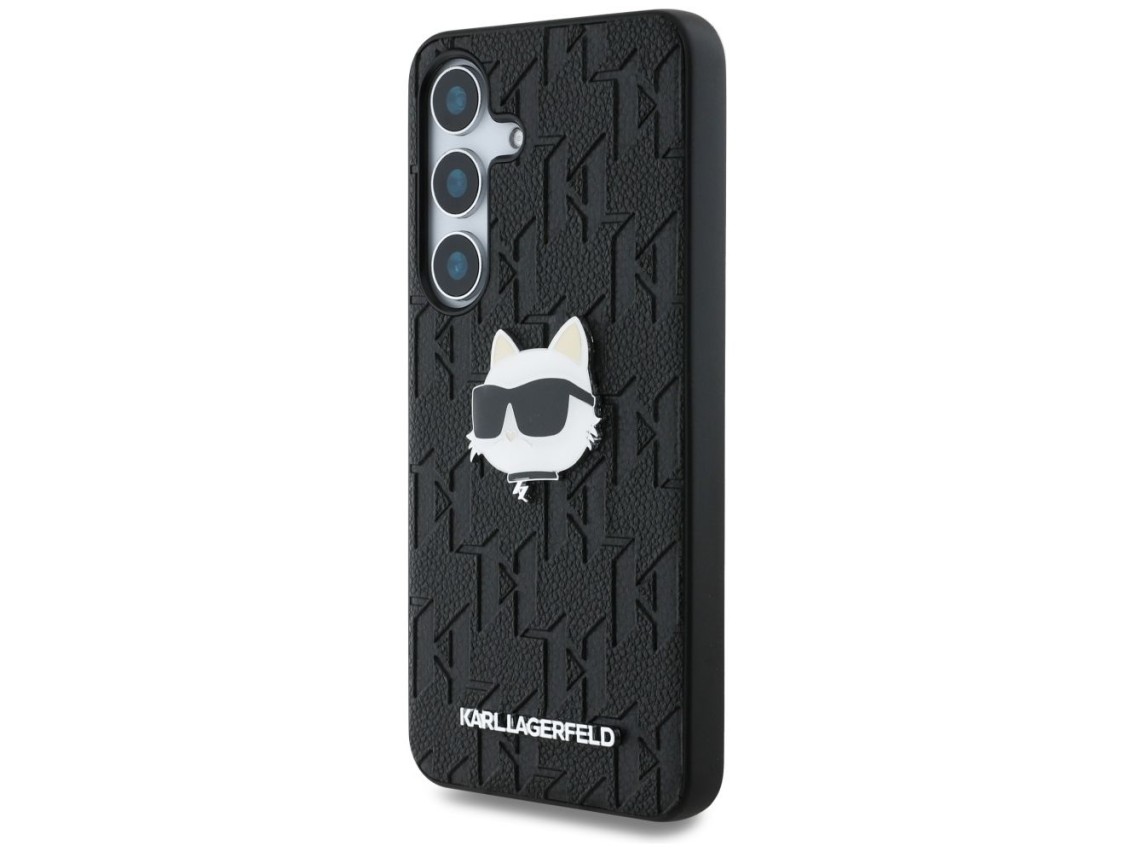Capa para Samsung Galaxy S25 em couro com monograma Karl Lagerfeld e broche com o logo da Choupette