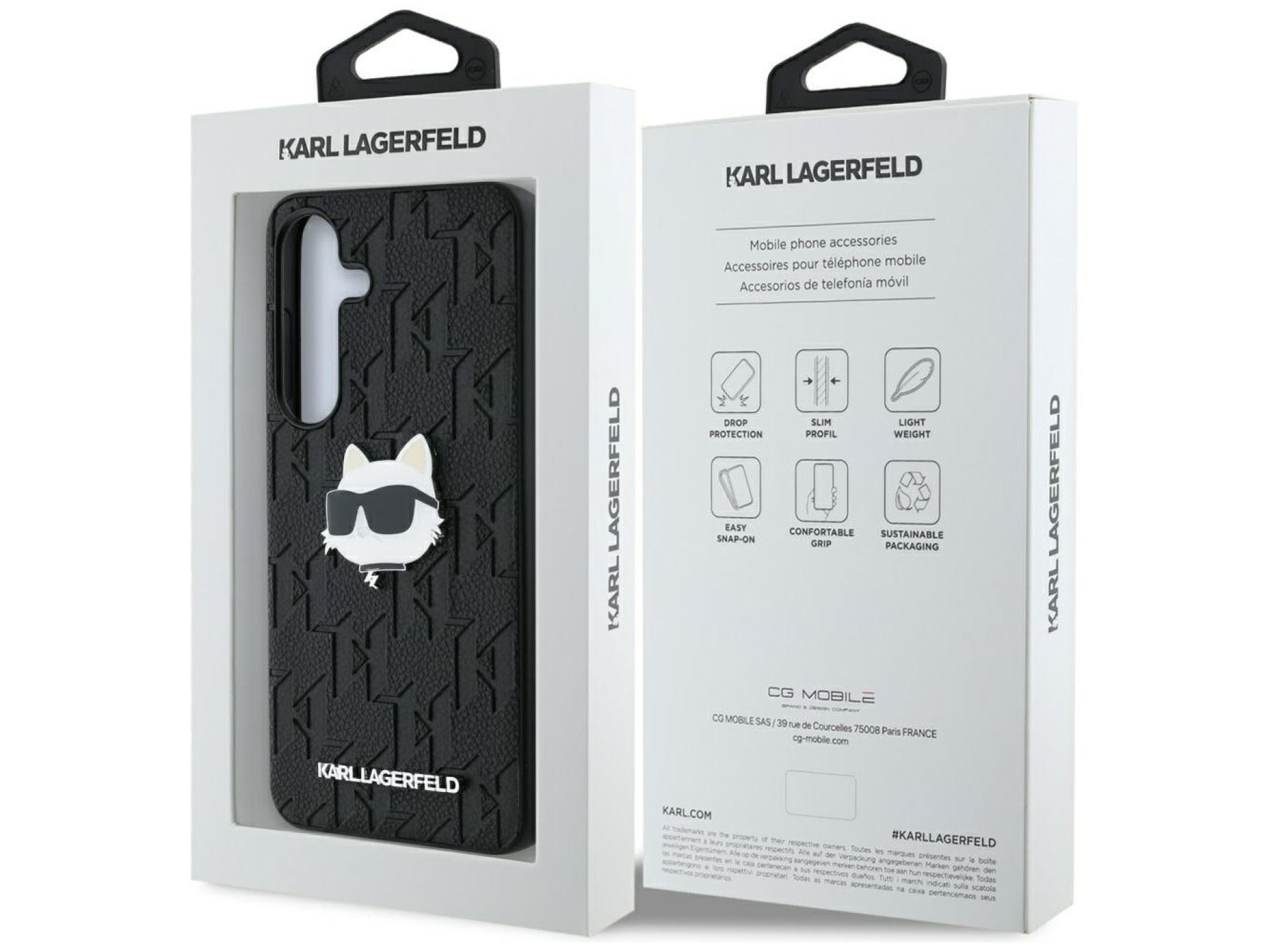Capa para Samsung Galaxy S25 em couro com monograma Karl Lagerfeld e broche com o logo da Choupette