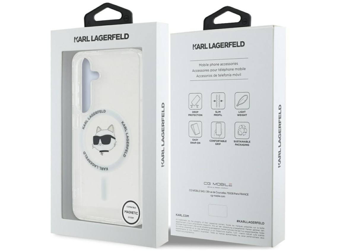 Capa Karl Lagerfeld com botão e logo da cabeça de Choupette impresso, MagSafe, para Samsung Galaxy S