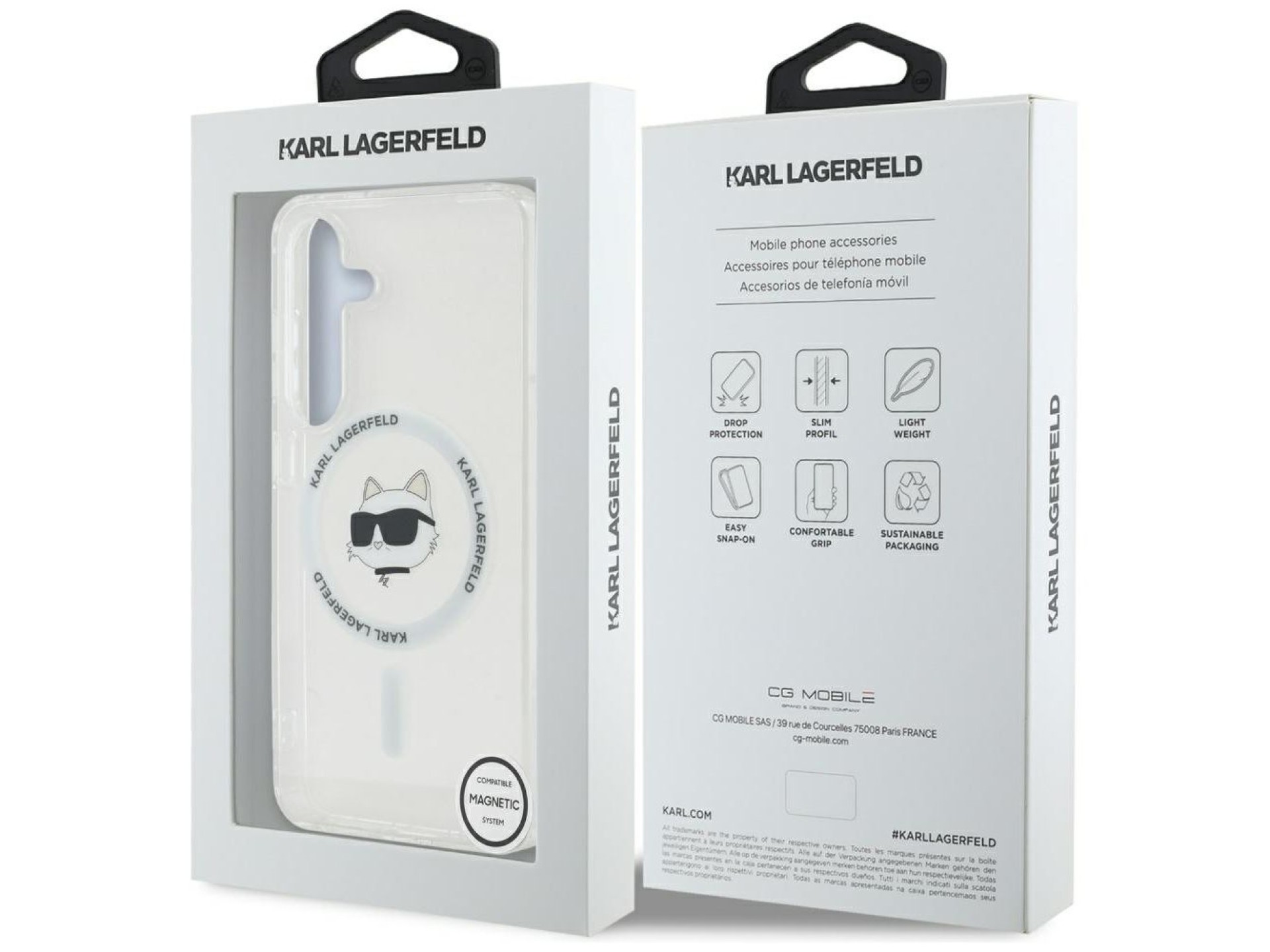 Capa Karl Lagerfeld com botão e logo da cabeça de Choupette impresso, MagSafe, para Samsung Galaxy S