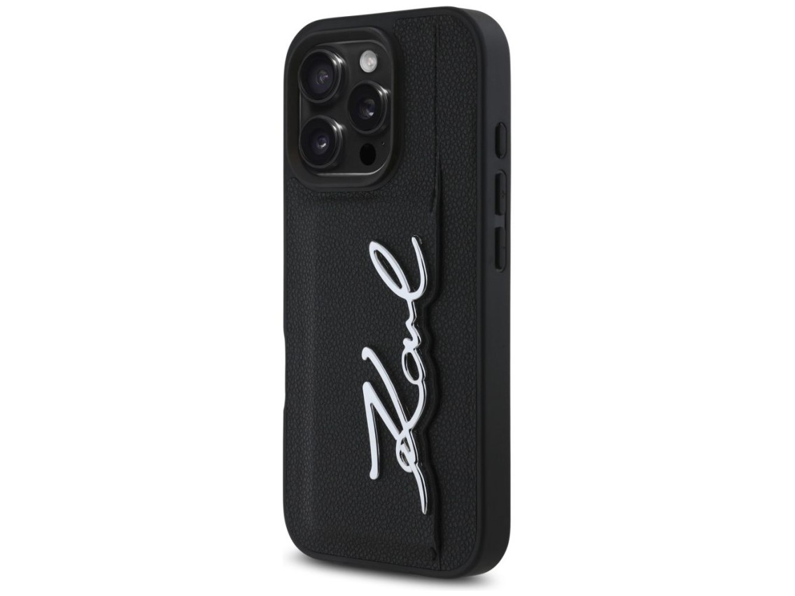 Karl Lagerfeld HC Grained PU Cardslot Metal Signature iPhone 16 Pro Case - Black