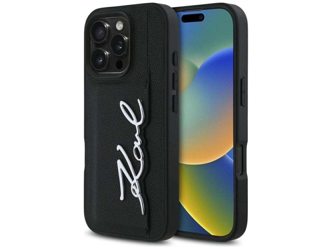 Karl Lagerfeld HC Grained PU Cardslot Metal Signature iPhone 16 Pro Case - Black