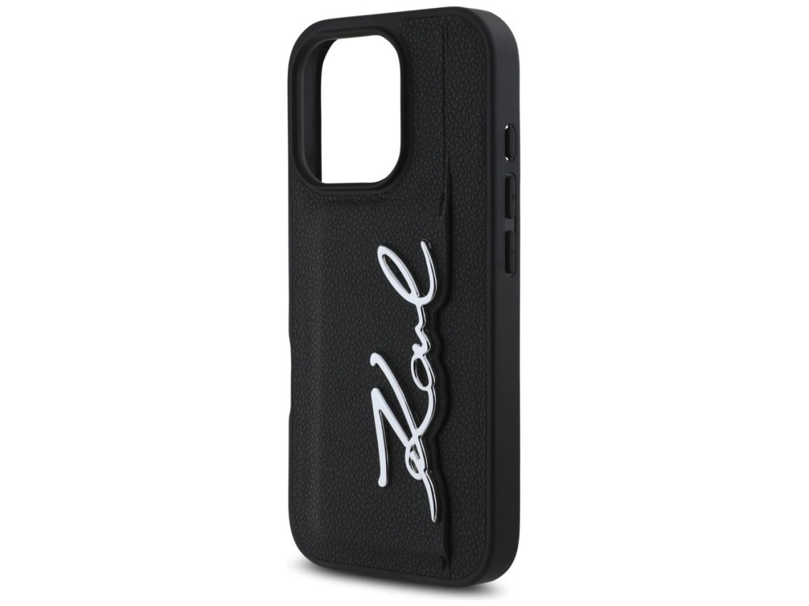 Karl Lagerfeld HC Grained PU Cardslot Metal Signature iPhone 16 Pro Case - Black