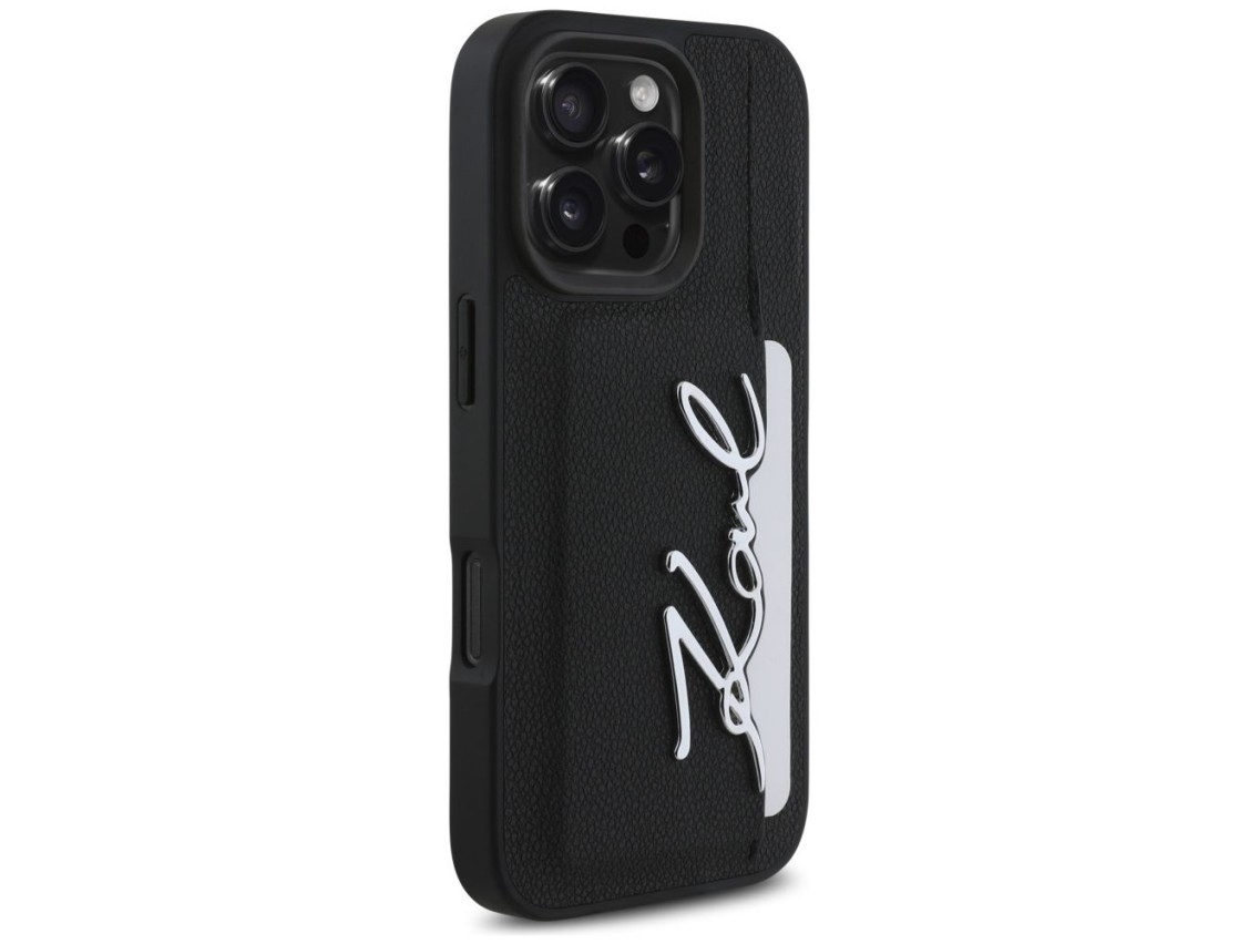 Funda Karl Lagerfeld HC de PU granulado con ranura para tarjetas y metal para iPhone 16 Pro Max - Ne
