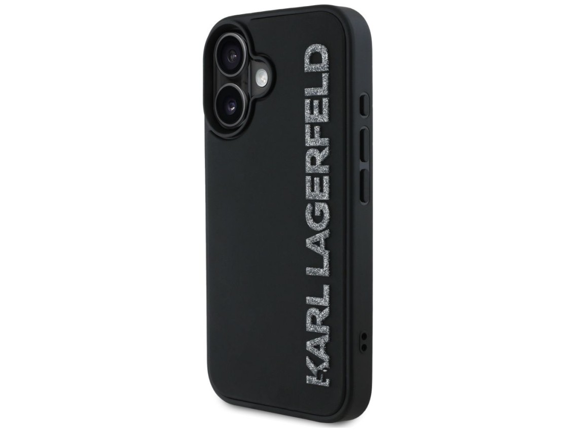 Funda Karl Lagerfeld HC 3D de goma alargada con purpurina para iPhone 16 - Negra
