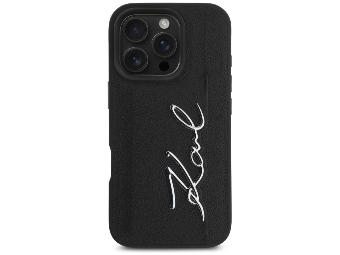 Karl Lagerfeld HC Grained PU Cardslot Metal Signature iPhone 16 Pro Case - Black
