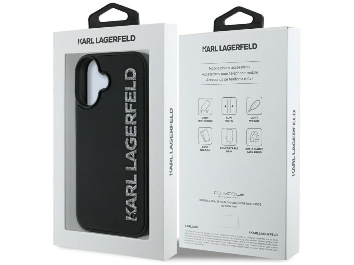 Funda Karl Lagerfeld HC 3D de goma alargada con purpurina para iPhone 16 - Negra