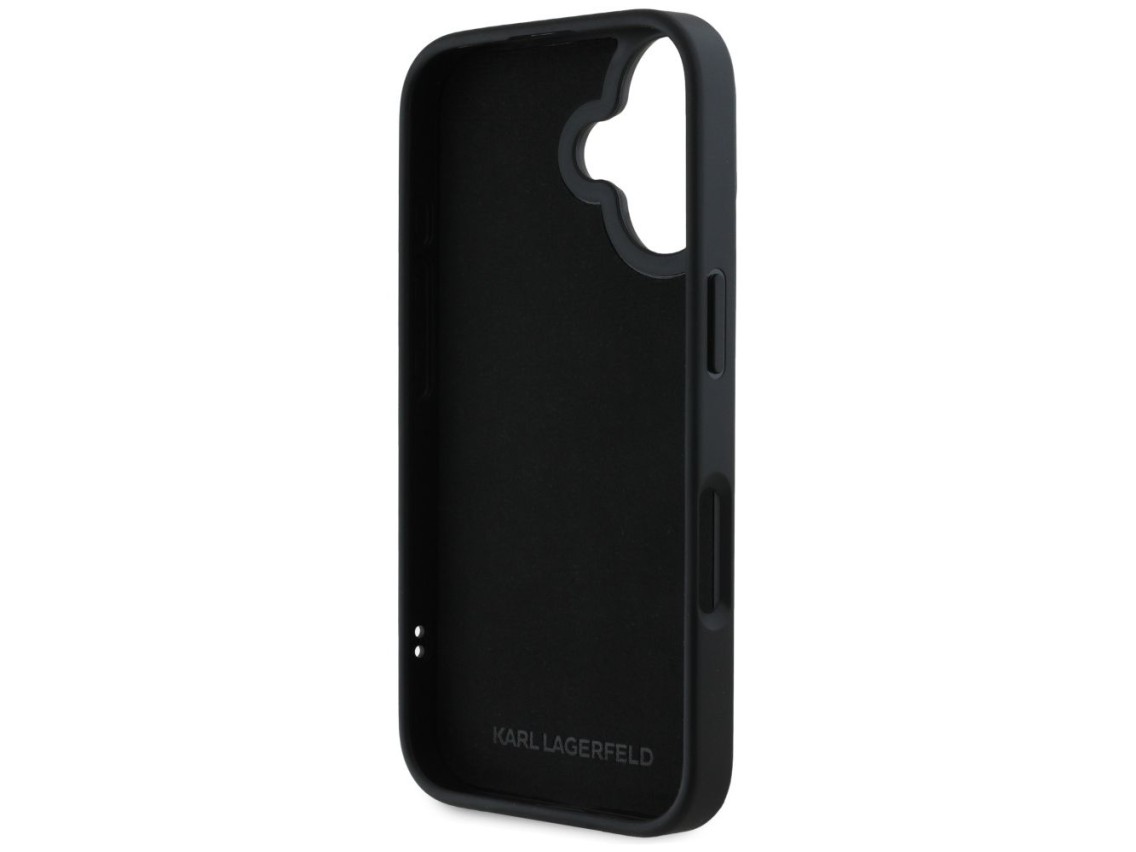 Funda Karl Lagerfeld HC 3D de goma alargada con purpurina para iPhone 16 - Negra