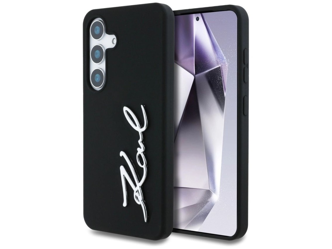 Capa para Samsung Galaxy S25 em silicone com o logotipo da assinatura de Karl Lagerfeld em metal, pr