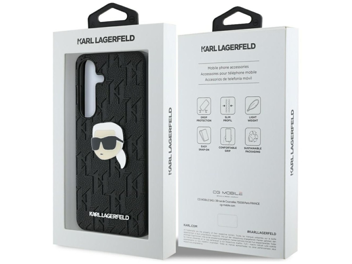 Karl Lagerfeld Leather Monogram Pin Logo Karl Head Samsung Galaxy S25 Case Black