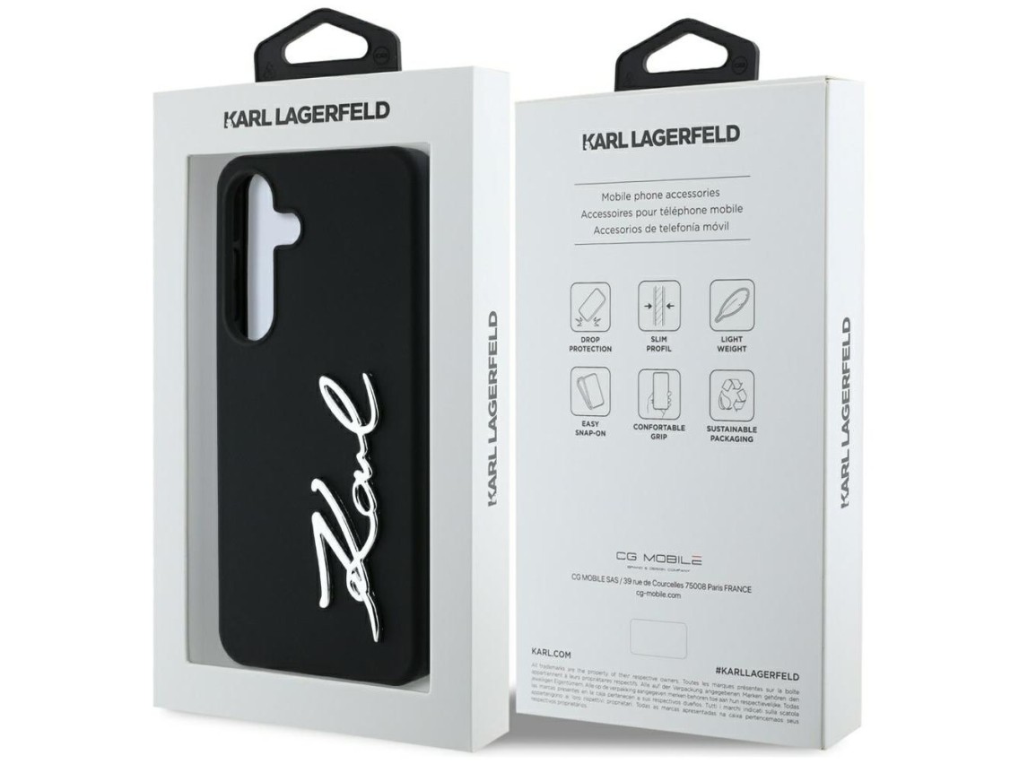 Capa para Samsung Galaxy S25 em silicone com o logotipo da assinatura de Karl Lagerfeld em metal, pr