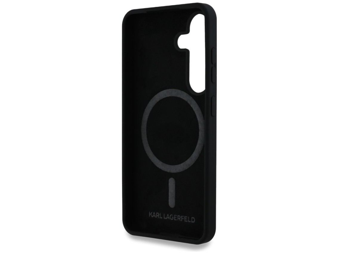 Capa para Samsung Galaxy S25 Plus preta com MagSafe, estampa Karl Lagerfeld de silicone com duas cab