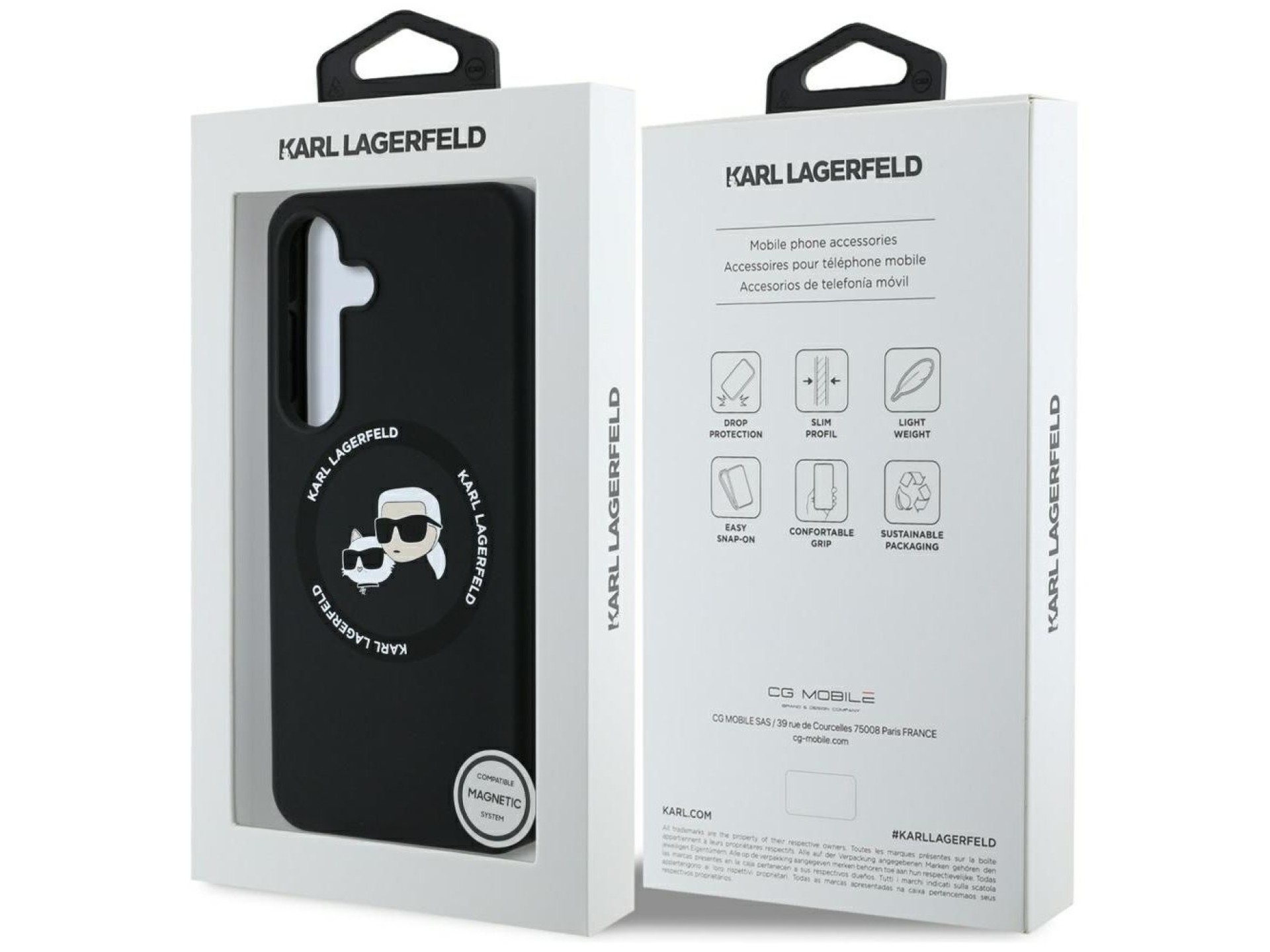 Capa para Samsung Galaxy S25 Plus preta com MagSafe, estampa Karl Lagerfeld de silicone com duas cab