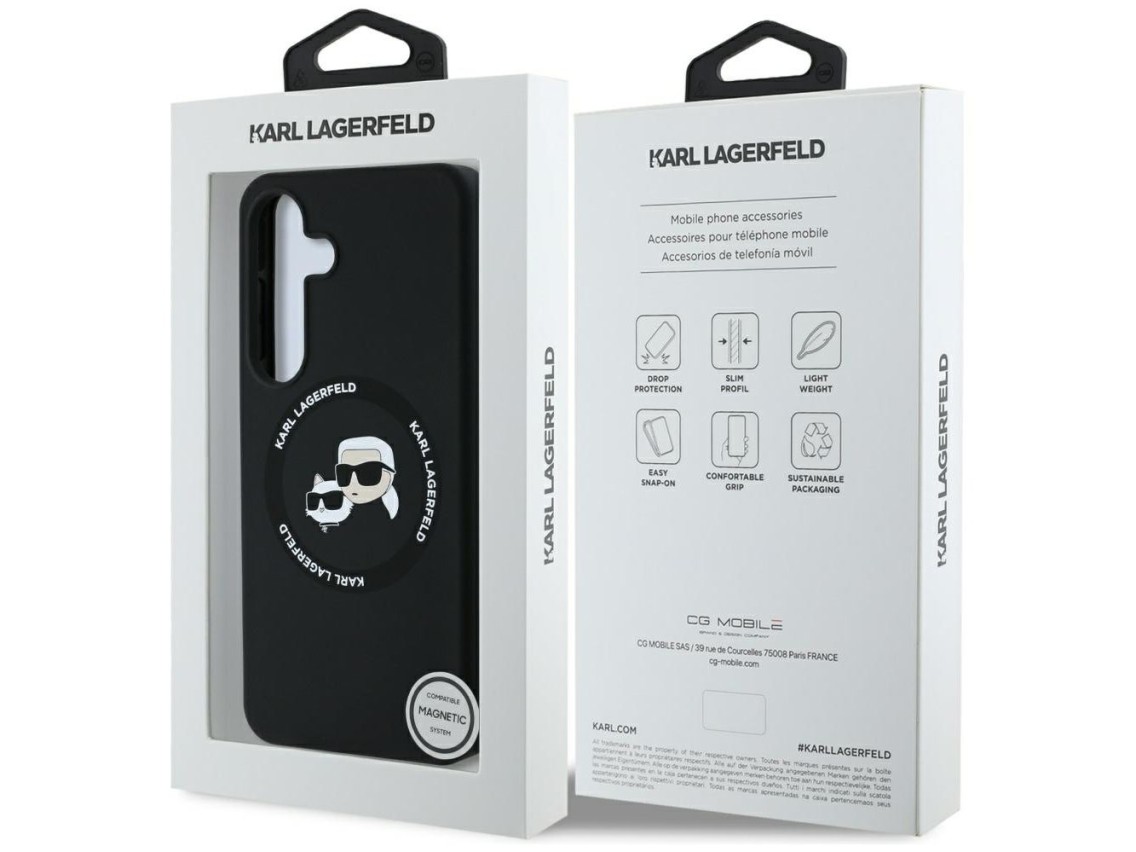Capa para Samsung Galaxy S25 Plus preta com MagSafe, estampa Karl Lagerfeld de silicone com duas cab