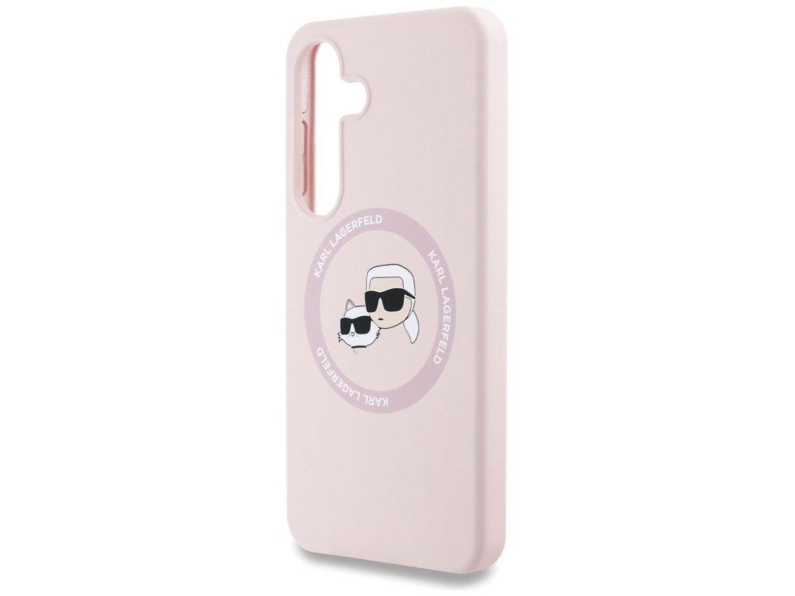 Capa para Samsung Galaxy S25 Plus rosa com estampa de Karl Lagerfeld em silicone, com duas cabeças e