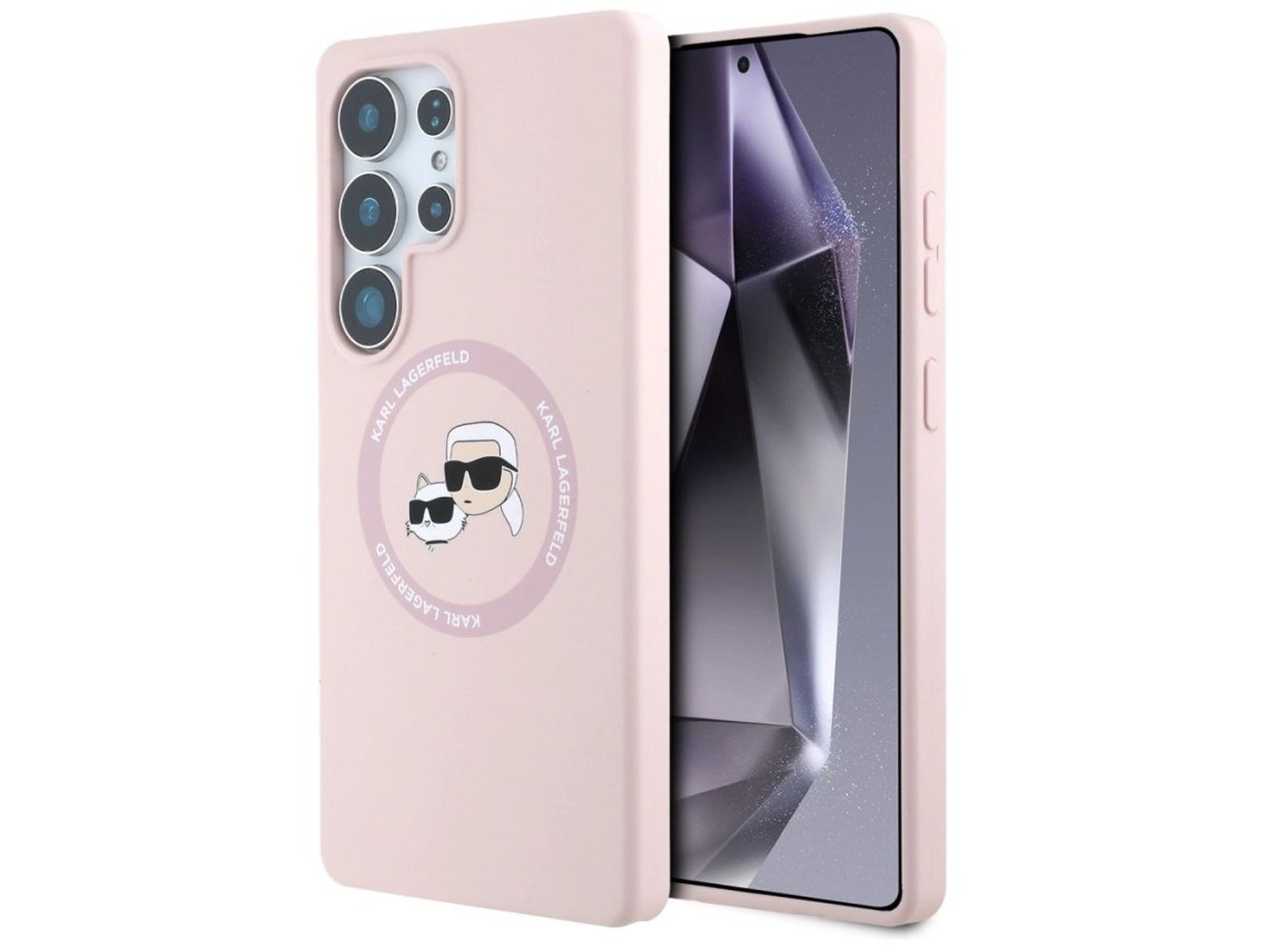 Capa para Samsung Galaxy S25 Ultra rosa com estampa de Karl Lagerfeld em silicone, com duas cabeças