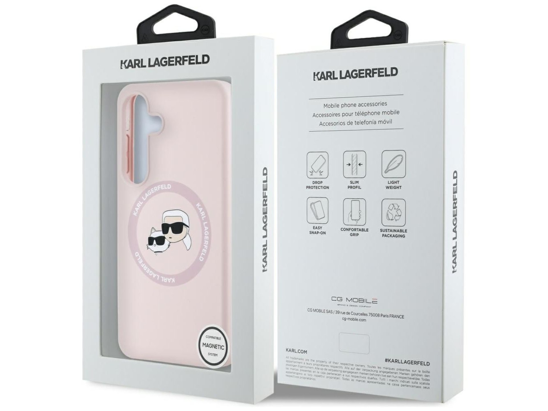 Capa para Samsung Galaxy S25 Plus rosa com estampa de Karl Lagerfeld em silicone, com duas cabeças e