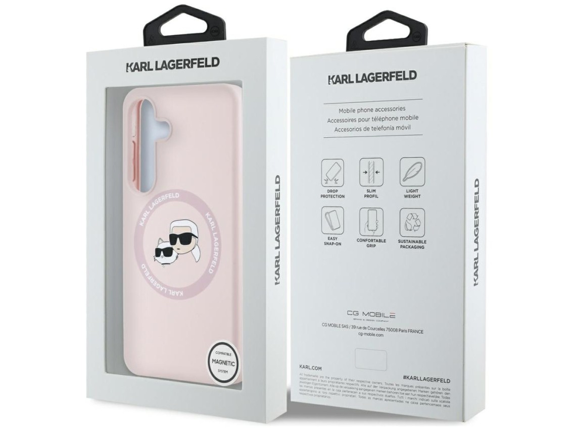 Capa para Samsung Galaxy S25 Plus rosa com estampa de Karl Lagerfeld em silicone, com duas cabeças e