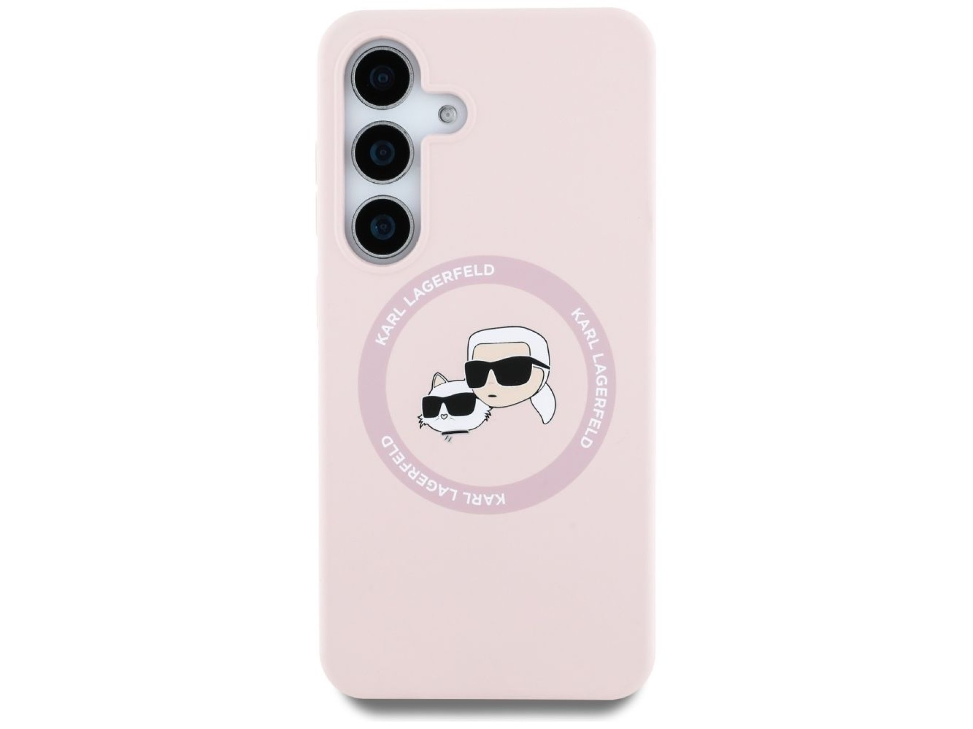 Capa para Samsung Galaxy S25 Plus rosa com estampa de Karl Lagerfeld em silicone, com duas cabeças e
